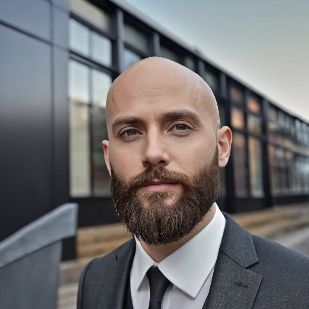 30 year old man. Ultra realistic. 4k. Bald. Bearded. Well dressed. Head and shoulders. Wearing black suit