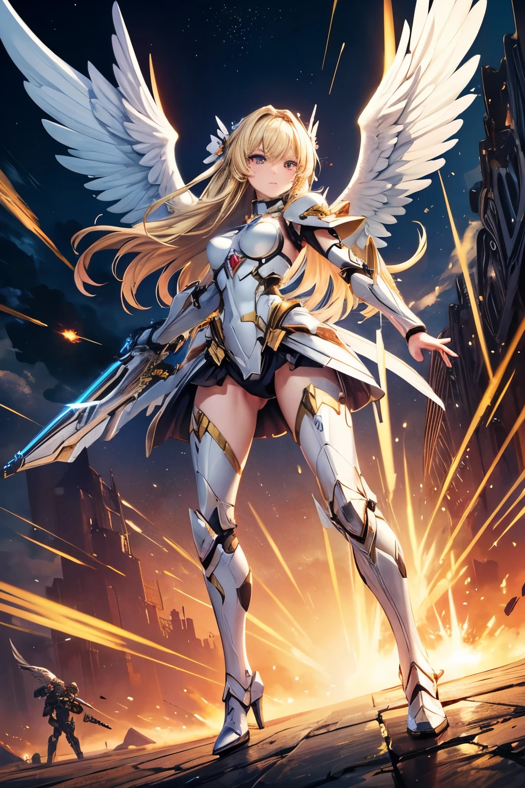 masterpiece,Highest quality,Very detailed,Angel fighting in the air,Heavily armed,Blonde,Beautiful and detailed eyes,skinny,Small breasts,Beautiful white wings,White Mecha Armor, full body,battlefield,Dynamic perspective and pose,Explosion behind