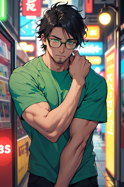 ((best quality)), dilf, ((brown skin)), strong build, ((long straight black hair)), round glasses, green shirt, neon green eyes, tired.