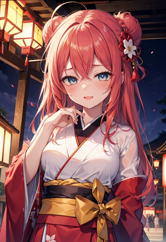 Shana,灼眼のShana,Long Hair, Redhead, Red eyes,Ahoge,smile,blush,Open your mouth,Hair Bun, single Hair Bun,blush,Red Kimono,Thick sleeves,Red long skirt,日本のfestival,夏festivalの屋台,Red lantern, break looking at viewer, Upper Body, break outdoors, shrine,festival, break (masterpiece:1.2), Highest quality, High resolution, unity 8k wallpaper, (shape:0.8), (Beautiful and beautiful eyes:1.6), Highly detailed face, Perfect lighting, Highly detailed CG, (Perfect hands, Perfect Anatomy),