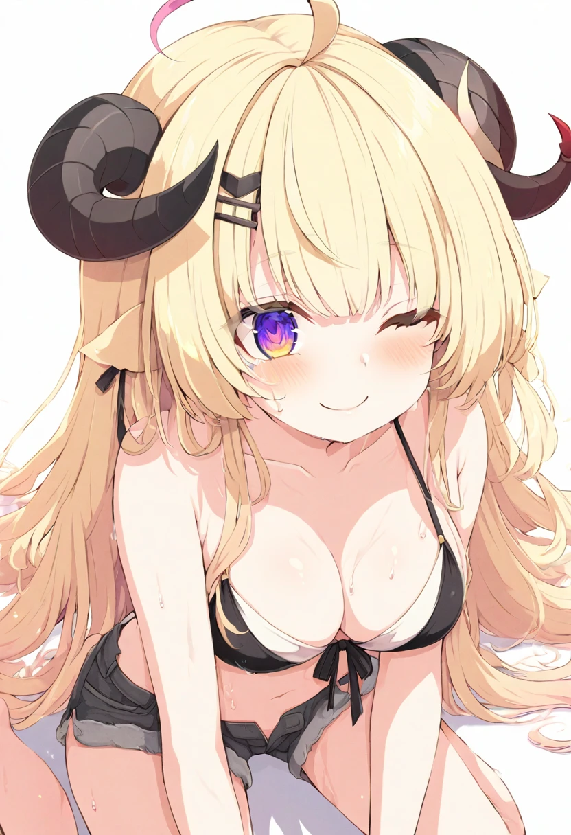 (muste piece), (best quality), very detailed eyes, expressive eyes, perfect face, very detailed face, highly detailed face, beautiful girl, 8K, beautiful girl, white background, delicate and beautiful face and eyes, dark intense shadow,
1 girl, vtuber style, cool girl, hololive, TsunomakiWatame, horns, long hair, blond hari, ahoge, bikini, front-tie top, Unbuttoned shorts, big chest, cropped shoulders, clavicle, wet body, wet hair, one eye close winking, smile, body visible through clothes, chest visible through clothes, ass visible through thighs, (whole body), barefoot, naked thighs, sitting, open legs wide,