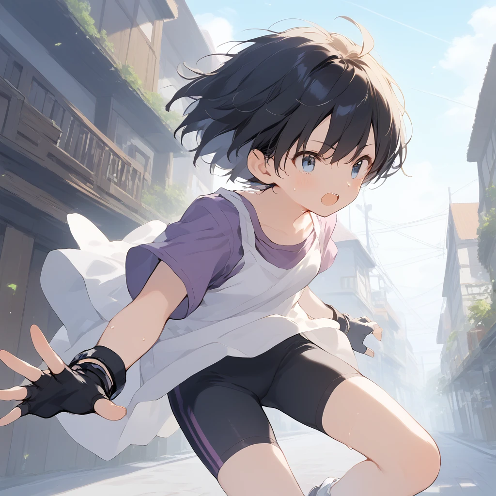 score_9, score_8_up, score_7_up, source_anime, best quality, masterpiece, official art, absurdres, highres, ultra-detailed,waifu2x,Collection: Slice of Life,break,1girl, short hair, spiked hair, blue eyes, bike shorts, purple shirt, (white shirt), fingerless gloves,sweat, open mouth, sleepily,  outdoors, wind,break,(clear line illustration:1.2), super detailed skin,very high resolution, very aesthetic, Best sexual lighting powered by famous artist, 8k,cute picture,beauty illustration,photoshop_(medium),,(Detailed Lighting),best anime 8k konachan wallpaper, pixiv contest winner, 