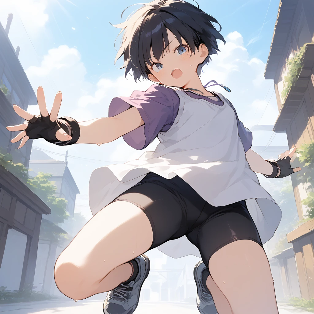 score_9, score_8_up, score_7_up, source_anime, best quality, masterpiece, official art, absurdres, highres, ultra-detailed,waifu2x,Collection: Slice of Life,break,1girl, short hair, spiked hair, blue eyes, bike shorts, purple shirt, (white shirt), fingerless gloves,sweat, open mouth, sleepily,  outdoors, wind,break,(clear line illustration:1.2), super detailed skin,very high resolution, very aesthetic, Best sexual lighting powered by famous artist, 8k,cute picture,beauty illustration,photoshop_(medium),,(Detailed Lighting),best anime 8k konachan wallpaper, pixiv contest winner, 