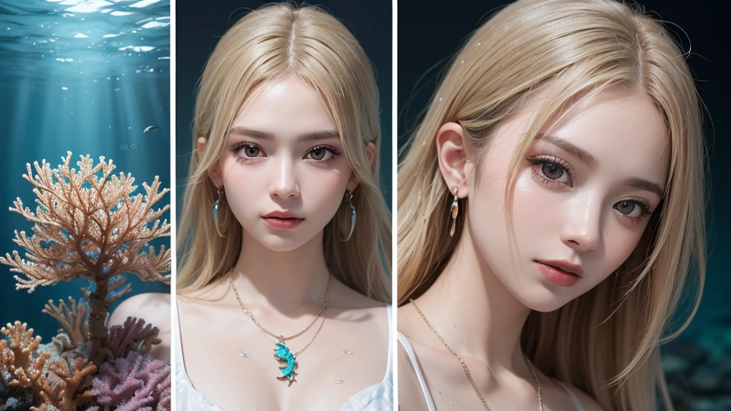 （Highest Quality Realistic Textured Skin),(terrible),(OK, round, Symmetrical eyes),Delicate facial features,(Burning bright cold eyes),(She has a mischievous smile),(Her face is kind and beautiful),Glass earrings in the ears,,(blonde),(Silvery white hair),(Chestnut Hair),(Swim at the bottom of the ocean)，(Full body portrait:1.5),(Dramatic Photos:1.4),(Dramatic Pose),(Flashy photos)(look up),(Looking down),(Around her neck is a simple necklace made with exquisite craftsmanship.),Cluttered photos，(Hair flowing in water:1.5),(Underwater, Life at sea, 美しいCoral Reef, fish),(Background vortices and currents),(Dramatic Light),(Nice views),(美しいfishに囲まれて),遠くの背景にはCoral Reefに沈んだ寺院が見える,Coral Reef,Spectacular realism,Cinematic atmosphere,(High-density image review:1.5),(Soft colors:1.2),Very detailed,Dramatic Light,(Intricate details:1.1),Complex background,
