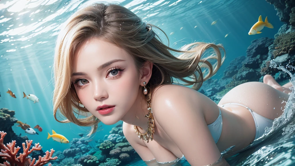 （Highest Quality Realistic Textured Skin),(terrible),(OK, round, Symmetrical eyes),Delicate facial features,(Burning bright cold eyes),(She has a mischievous smile),(Her face is kind and beautiful),Glass earrings in the ears,,(blonde),(Silvery white hair),(Chestnut Hair),(Swim at the bottom of the ocean)，(Full body portrait:1.5),(Dramatic Photos:1.4),(Dramatic Pose),(Flashy photos)(look up),(Looking down),(Around her neck is a simple necklace made with exquisite craftsmanship.),Cluttered photos，(Hair flowing in water:1.5),(Underwater, Life at sea, 美しいCoral Reef, fish),(Background vortices and currents),(Dramatic Light),(Nice views),(美しいfishに囲まれて),遠くの背景にはCoral Reefに沈んだ寺院が見える,Coral Reef,Spectacular realism,Cinematic atmosphere,(High-density image review:1.5),(Soft colors:1.2),Very detailed,Dramatic Light,(Intricate details:1.1),Complex background,