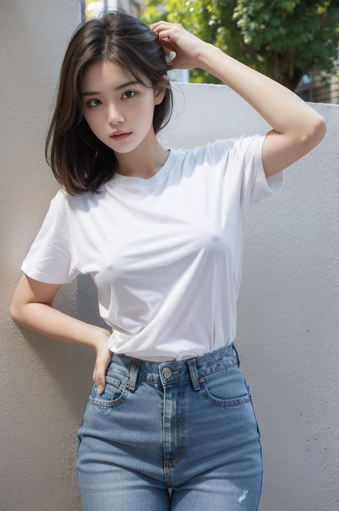 T-shirt,denim, put hands behind head,large breasts,cool face,medium hair,outdoor