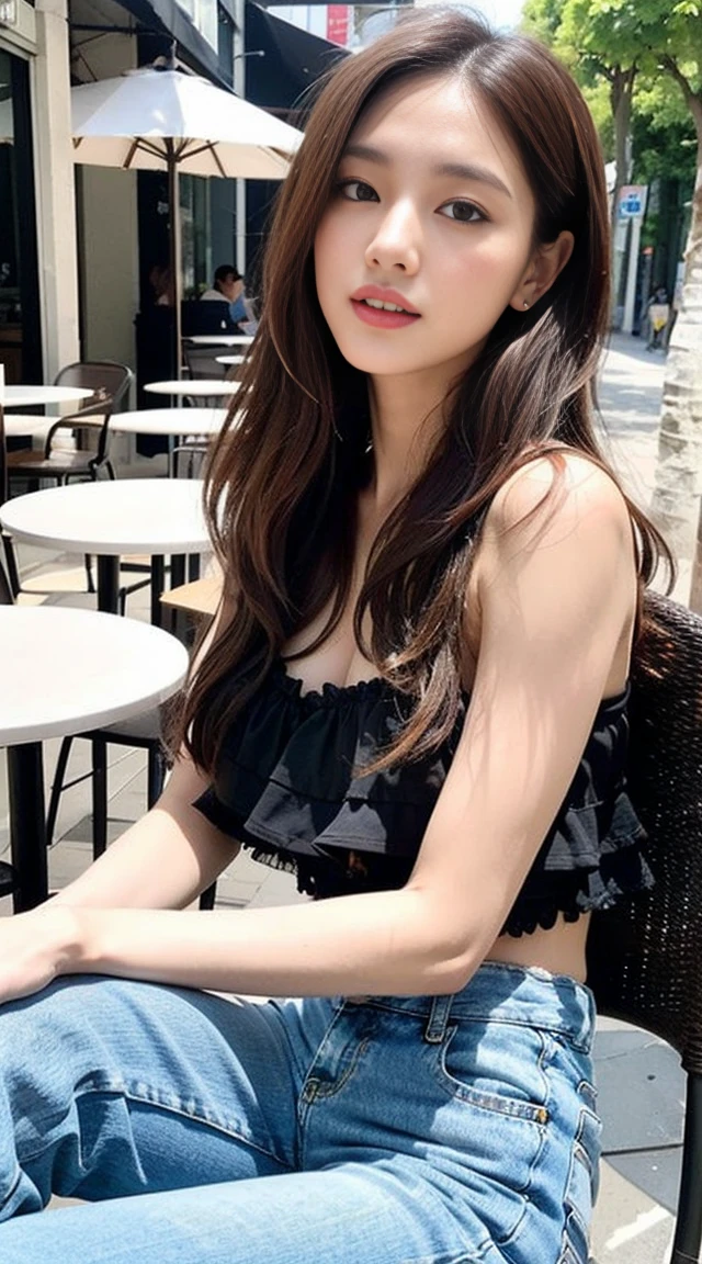 Dark brown hair、Light brown eyes、Japanese actress、 Lady、I am about 40 years old...........、(Intricate details:1.2)、 (Ultra-high resolution:1.2)、Ultra-high resolution、(Finely tuned)、(Detailed facial features)、Hmph、8K resolution、D cup size breasts、Long Hair、TulleTop、FrillsTop、Tulle Frills Top、Denim pants、At the terrace cafe、Basking in the sunshine、Sitting on a chair on the terrace、summer、hot、Trending Fashion、2024、Open your chin a little、Open your mouth a little、A street cafe in Paris、Fashionable cafes in Paris、Looking at me while lying face down on the desk、Being spoiled、