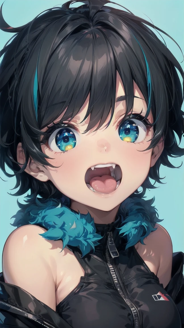 Close-up of a cartoon girl with blue hair and a yellow shirt, 2D Animation, 2D Animation style, 2D Art, 2D Art, 2D from Gorillaz, 2D from Gorillaz, 2D Gorillaz, Screaming Cerket, 2D Sprites, Jinx Face, short hair, hot pants, Small breasts, ((Black Hair, Bright blue fur inside:1.4))
