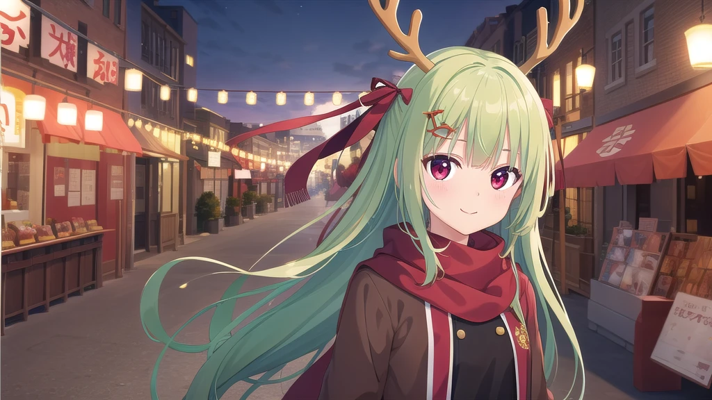 ((masterpiece)),(best quality),Official Art,Extremely detailed CG,Unity 8k Wallpaper,Super detailed,Beautiful and delicate eyes,Extremely detailed face,1 girl,solitary,,(whole body:1.5),(small:1.3),Smile,,Murasame,Very long hair,Green Hair,sides up,Purple bow,hairpin,Side Chain,Bangs,Red Eyes,Neck strap,Red belt,Aesthetic,winter,Christmas Star,Light up the lights,Wish you a Happy New Year,Spring Festival,Wear a long red scarf,Walking in the street,Celebrate in a warm atmosphere,Getchu Bishoujo Game Awards 2023 Magazine Cover,The encounter between reindeer bells and snowflakes