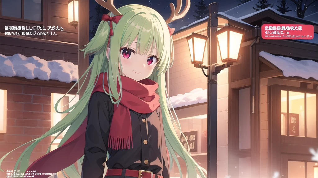 ((masterpiece)),(best quality),Official Art,Extremely detailed CG,Unity 8k Wallpaper,Super detailed,Beautiful and delicate eyes,Extremely detailed face,1 girl,solitary,,(whole body:1.5),(small:1.3),Smile,,Murasame,Very long hair,Green Hair,sides up,Purple bow,hairpin,Side Chain,Bangs,Red Eyes,Neck strap,Red belt,Aesthetic，winter，Christmas Star，Light up the lights，Wish you a Happy New Year，Spring Festival，Wear a long red scarf，Walking in the street，Celebrate in a warm atmosphere，Getchu Bishoujo Game Awards 2023 Magazine Cover，The encounter between reindeer bells and snowflakes
