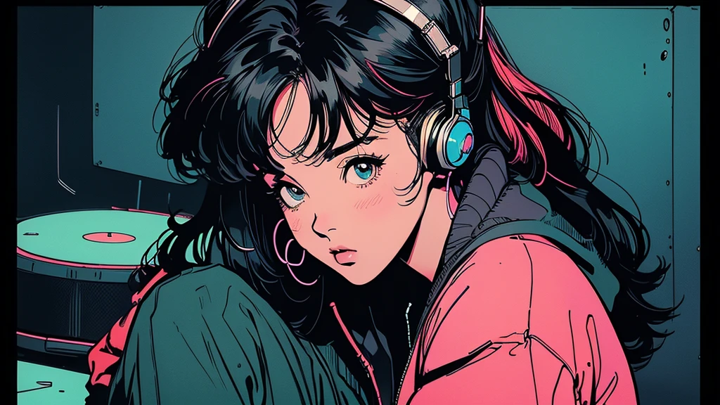 ターンテーブルはTechnics SL-1200MK7,2D illustration, anime, Manga style, whole body,Asian, 1 Girl, Big Hair, Shortcuts, High resolution, masterpiece, Highest quality, High detail, High detailed eyes, Detailed lips, High resolution, Super detailed, Realisticな比率, Anatomically correct, Beautiful young woman, whole bodyポートレート, Illustrator, anime , Realistic ,sketch , 1 Girl, ,lip, hoodie,order, the 90s, Neon Hair,Textured Trim, (masterpiece,Highest quality), lofi, Battle DJ girl in HIPHOP fashion wearing DJ headphones,Battle DJ girl in HIPHOP fashion wearing DJ headphones,Front view , Turntablist, DJ Scratch, Two large LED-illuminated speakers on each side, Immerse yourself in a neon-lit environment, In front of her is a music mixer and a turntable.、A record is placed on the turntable,