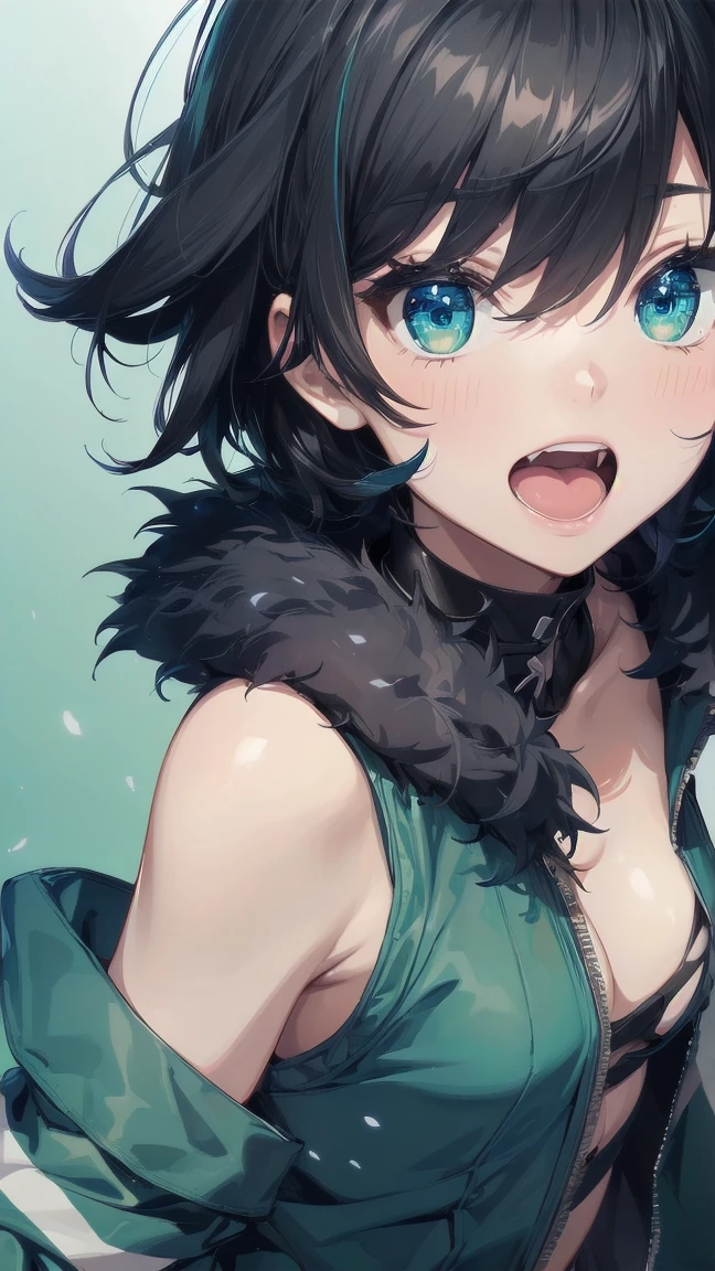 Close-up of a cartoon girl with blue hair and a yellow shirt, 2D Animation, 2D Animation style, 2D Art, 2D Art, 2D from Gorillaz, 2D from Gorillaz, 2D Gorillaz, Screaming Cerket, 2D Sprites, Jinx Face, short hair, hot pants, Small breasts, ((Black Hair, Bright blue fur inside:1.4))
