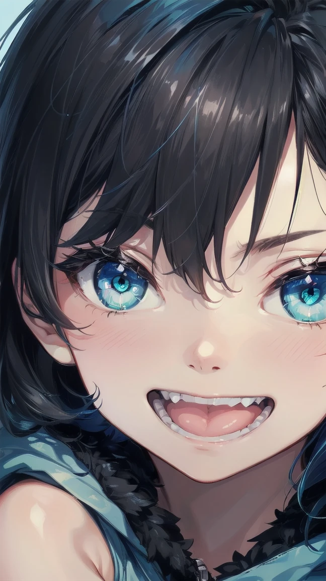 Close-up of a cartoon girl with blue hair and a yellow shirt, 2D Animation, 2D Animation style, 2D Art, 2D Art, 2D from Gorillaz, 2D from Gorillaz, 2D Gorillaz, Screaming Cerket, 2D Sprites, Jinx Face, short hair, hot pants, Small breasts, ((Black Hair, Bright blue fur inside:1.4))