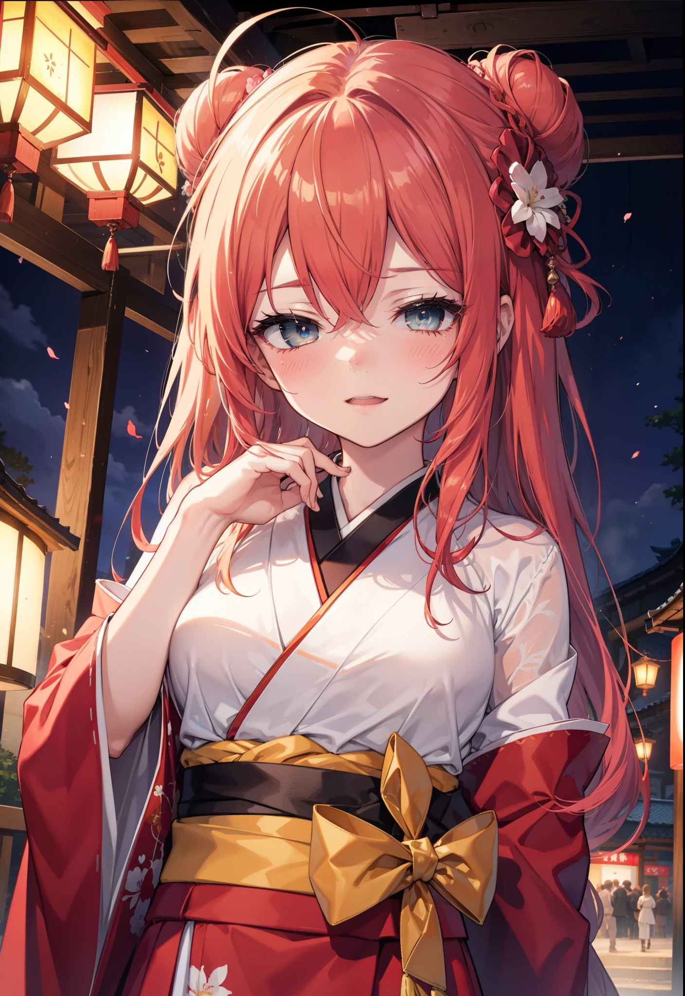 Shana,灼眼のShana,Long Hair, Redhead, Red eyes,Ahoge,smile,blush,Open your mouth,Hair Bun, single Hair Bun,blush,Red Kimono,Thick sleeves,Red long skirt,日本のfestival,夏festivalの屋台,Red lantern, break looking at viewer, Upper Body, break outdoors, shrine,festival, break (masterpiece:1.2), Highest quality, High resolution, unity 8k wallpaper, (shape:0.8), (Beautiful and beautiful eyes:1.6), Highly detailed face, Perfect lighting, Highly detailed CG, (Perfect hands, Perfect Anatomy),