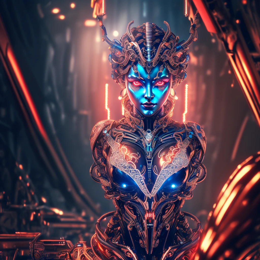 This is an artistic digital illustration portraying the bust of a female figure with cybernetic enhancements and an elaborate mechanical headdress. The figure's facial expression is passive yet intense, with striking red eyes and blue makeup accentuating her features against the contrasting cool metallic tones of the machinery. Rich in detail, the artwork blends organic and mechanical aesthetics, combining smooth human skin with intricate gears, wires, and dripping.