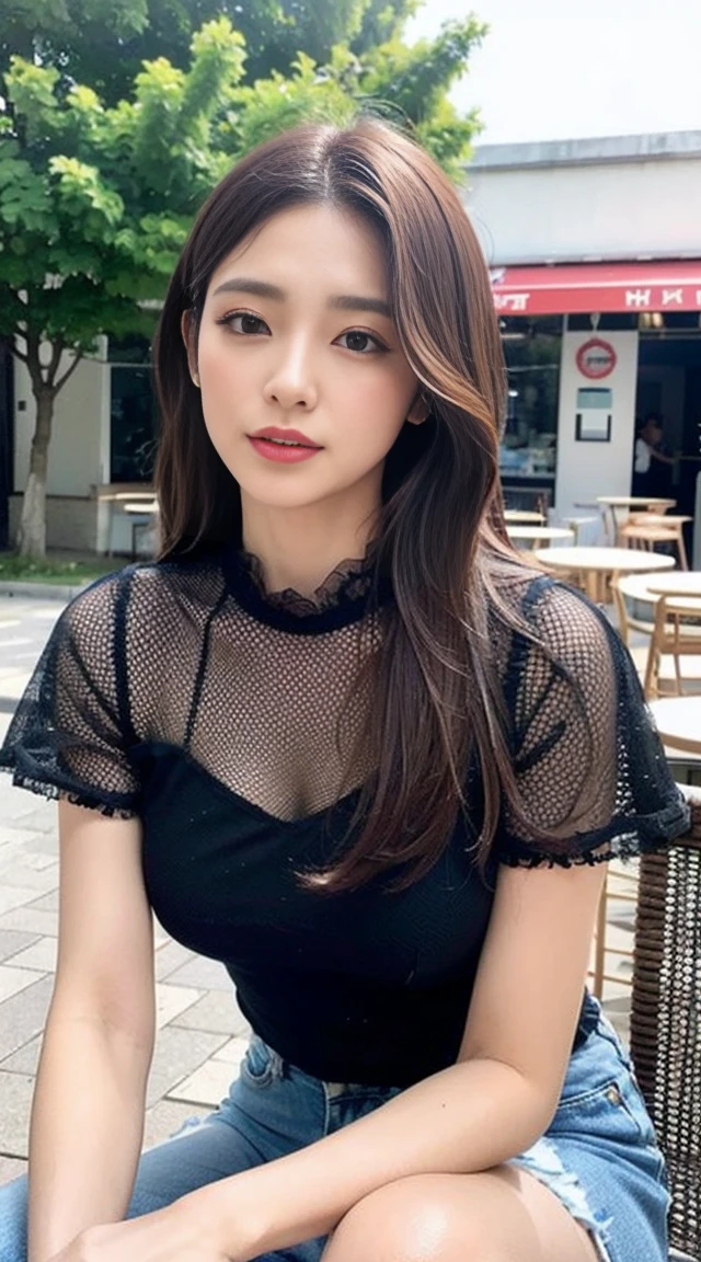 Dark brown hair、Light brown eyes、Japanese actress、 Lady、I am about 40 years old...........、(Intricate details:1.2)、 (Ultra-high resolution:1.2)、Ultra-high resolution、(Finely tuned)、(Detailed facial features)、Hmph、8K resolution、D cup size breasts、Long Hair、TulleTop、FrillsTop、Tulle　Frills　Top、Denim pants、At the terrace cafe、Basking in the sunshine、Sitting on a chair on the terrace、summer、hot、Trending Fashion、2024、Open your chin a little、Open your mouth a little、A street cafe in Paris、Fashionable cafes in Paris、The moment you stand up from your chair、Turn your ass towards me、thunder　Hair fluttering in the wind、