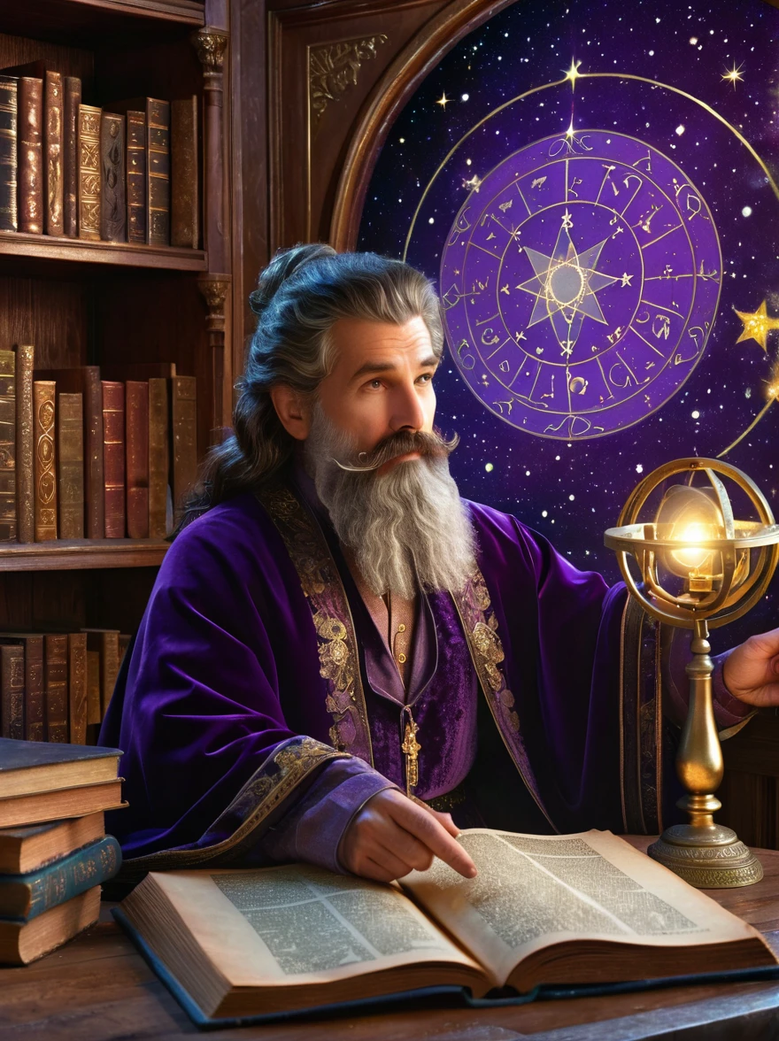 mystical astrologer in ancient library, starry galaxy projected on walls, astrological symbols glowing softly, astrologer wearing rich velvet robe with golden celestial patterns, holding a brass astrolabe, candlelit environment casting warm light on ancient texts, high intricate detailed face with sage-like wise expression, beautiful detailed eyes, strong detailed nose, mystical ambient lighting, (best quality, 8k,highres,masterpiece),ultra-detailed,(realistic,photorealistic), vintage astrological tools, mysterious atmosphere, enchanted ancient library, age-worn books and scrolls, scattered star charts, lush curtain draperies in deep purple, intricate hairstyles, detailed beard and mustache, ambient occlusion, old wooden furniture, (oil painting style,enchanted,vivid colors)