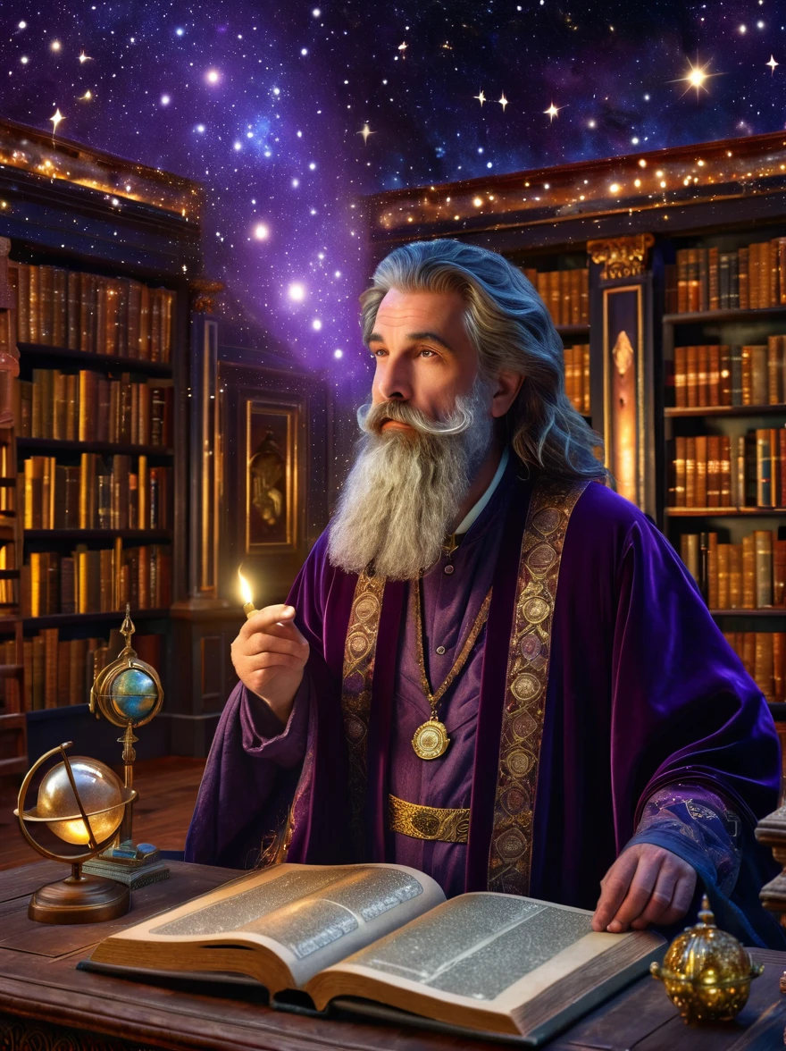 mystical astrologer in ancient library, starry galaxy projected on walls, astrological symbols glowing softly, astrologer wearing rich velvet robe with golden celestial patterns, holding a brass astrolabe, candlelit environment casting warm light on ancient texts, high intricate detailed face with sage-like wise expression, beautiful detailed eyes, strong detailed nose, mystical ambient lighting, (best quality, 8k,highres,masterpiece),ultra-detailed,(realistic,photorealistic), vintage astrological tools, mysterious atmosphere, enchanted ancient library, age-worn books and scrolls, scattered star charts, lush curtain draperies in deep purple, intricate hairstyles, detailed beard and mustache, ambient occlusion, old wooden furniture, (oil painting style,enchanted,vivid colors)