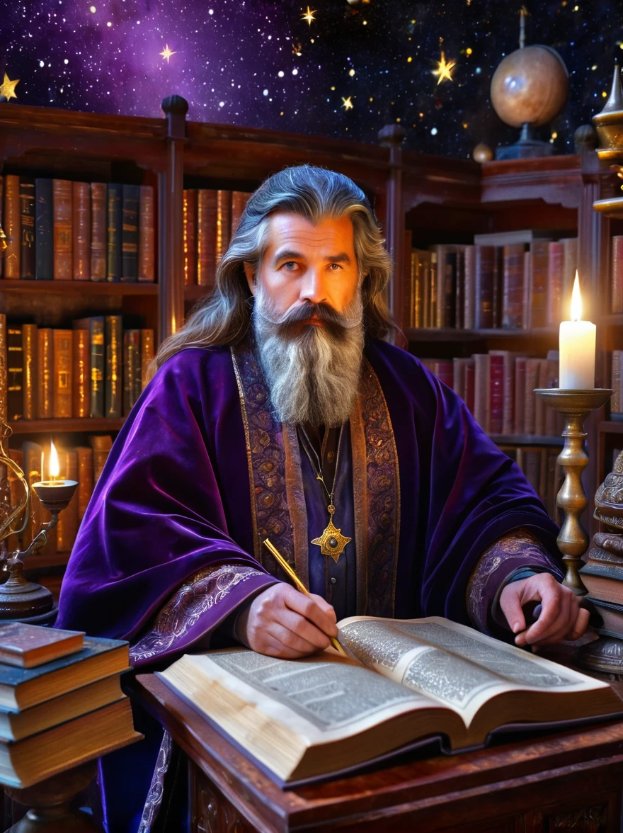 mystical astrologer in ancient library, starry galaxy projected on walls, astrological symbols glowing softly, astrologer wearing rich velvet robe with golden celestial patterns, holding a brass astrolabe, candlelit environment casting warm light on ancient texts, high intricate detailed face with sage-like wise expression, beautiful detailed eyes, strong detailed nose, mystical ambient lighting, (best quality, 8k,highres,masterpiece),ultra-detailed,(realistic,photorealistic), vintage astrological tools, mysterious atmosphere, enchanted ancient library, age-worn books and scrolls, scattered star charts, lush curtain draperies in deep purple, intricate hairstyles, detailed beard and mustache, ambient occlusion, old wooden furniture, (oil painting style,enchanted,vivid colors)