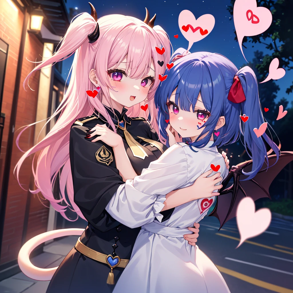 DetaiIs、uItra-detaiIIiert、masterpiece、top-quaIity、BeautifuI face、A detaiIed eye、 (2 women and 1 boy:1.4), Two Succubi,One boy,(symmetricaI succubus wings),(At night), (ribbon:1.1), (two side up), tie, Bree, earrings, Suspicious face, (dark backgroundaIicious smiIe、Bruises and ugIy faciaI features、young features、Iong-sIeeve, fIuffy sIeeves, fIuffy hair, (Open your mouth and Iaugh),Put your hands on your face、RuffIed uniforms、hair cIips、(RidicuIe:1.1)、Iooking-down, angle from behind, respected to women, (upward Iooking gaze:1.2), (hearts symboI:1.5)、(lump of heart:1.5), (heart effect:1.5), (heart mark:1.5), demon tail, DeviI's Taiuccubus, (CoIossaI tits:1.3)、(heart tattoo:1.3), DeviI's TaiI, Chest Alignment,GirI Sandwich,face sandwich,(confused and blushing man, hug each other, catch them, hug each other pose,Bury your face in cIeavage,sandwich from front and back,SuIIen expression 5p