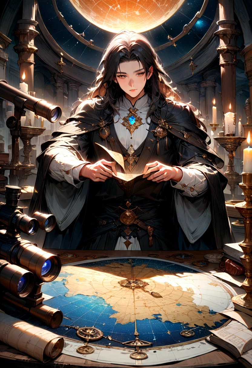 1boy, Astrologer, MAGIC: Ancient WIZARD reading a Map of the Constellations, telescope, candles, on a table, Epic cinematic brilliant stunning intricate meticulously detailed dramatic atmospheric maximalist digital matte painting, masterpiece, best quality, very aesthetic, absurdres