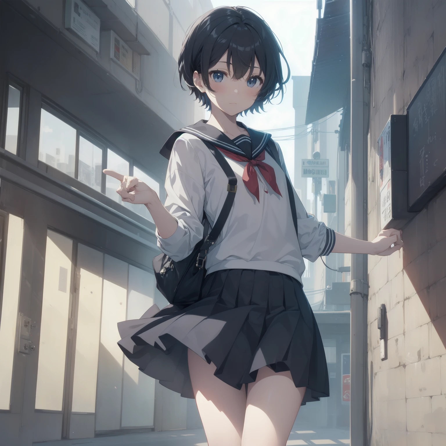 ultra-absurdres-Top quality by artist God, ultra-detailed, high resolution, anime moe artstyle, best anime 8k konachan wallpaper, pixiv contest winner, pool:2810, perfect anatomy,break, 1girl, (Please draw a girl walking sleepily to school alone. )break,(Solo,little female, 13-year-old:1.3),Full limbs, complete fingers,a junior high school student, (very short hair), short cut, flat chest, , small butt, small black eyes, beautiful detailed eyes, well-proportioned iris and pupils, expressive eyes, highres detailed hair, soft expression, salor school_uniform, sailor collar, serahuku, bow, pleated skirt,(Detailed Lighting), (Detailed background), in the School commute route. break,super detailed skin, Best cinematic lighting powered by famous artist, 8k,beauty illustration,photoshop_(medium),very aesthetic,break,((artist:gomashio_(goma_feet) )), artist:clamp ,artist:carnelian ,artist:kantoku ,