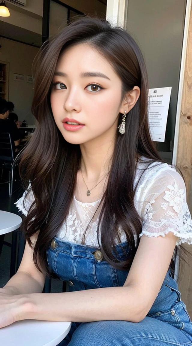 Dark brown hair、Light brown eyes、Japanese actress、 Lady、I am about 40 years old...........、(Intricate details:1.2)、 (Ultra-high resolution:1.2)、Ultra-high resolution、(Finely tuned)、(Detailed facial features)、Hmph、8K resolution、D cup size breasts、Long Hair、TulleTop、FrillsTop、Tulle Frills Top、Denim pants、At the terrace cafe、Basking in the sunshine、Sitting on a chair on the terrace、summer、hot、Trending Fashion、2024、Open your chin a little、Open your mouth a little、A street cafe in Paris、Fashionable cafes in Paris、The moment you stand up from your chair、Turn your ass towards me、thunder Hair fluttering in the wind、