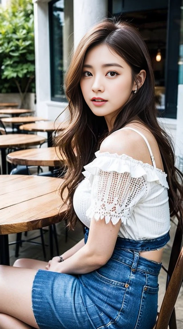 Dark brown hair、Light brown eyes、Japanese actress、 Lady、I am about 40 years old...........、(Intricate details:1.2)、 (Ultra-high resolution:1.2)、Ultra-high resolution、(Finely tuned)、(Detailed facial features)、Hmph、8K resolution、D cup size breasts、Long Hair、TulleTop、FrillsTop、Tulle Frills Top、Denim pants、At the terrace cafe、Basking in the sunshine、Sitting on a chair on the terrace、summer、hot、Trending Fashion、2024、Open your chin a little、Open your mouth a little、A street cafe in Paris、Fashionable cafes in Paris、The moment you stand up from your chair、Turn your ass towards me、thunder Hair fluttering in the wind、