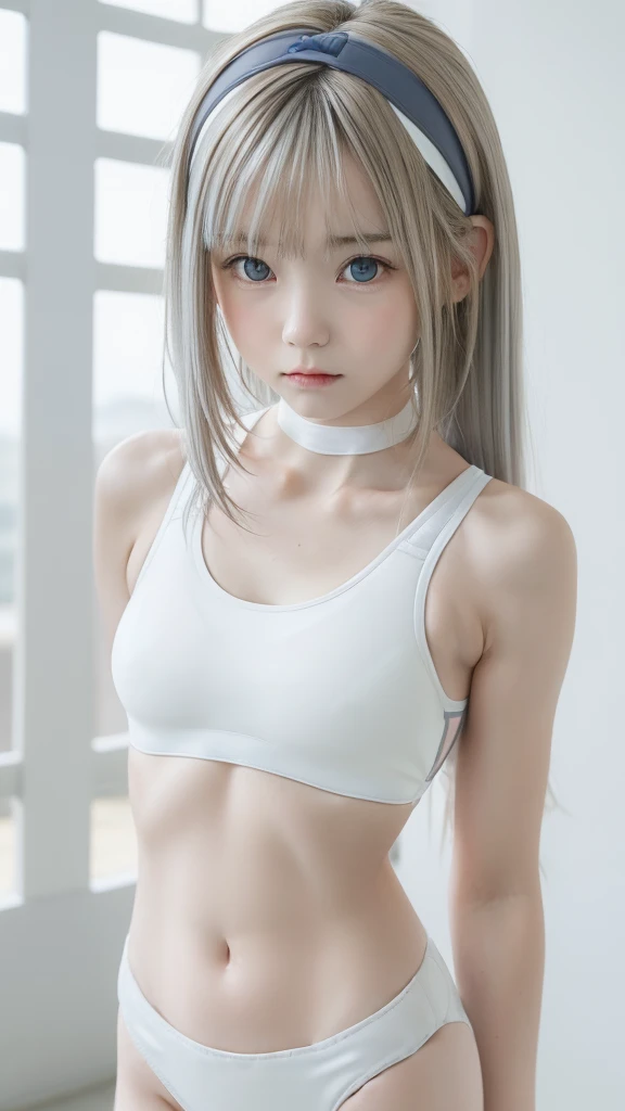 (((1 small cute girl/Very Small Flat Chest/whole body))),(((At the resort))),(((innocent))),(((Petite figure))),(((Big Blue Eyes))),(Lightroom:1.13)、Soft Light、(Natural Skin Texture:1.2)、(Hyperrealism:1.2)、Sharp Focus、Highest quality, Photorealistic, In 8K, High resolution, (Skin Dentition), (Portrait:0.6), Pure Eros Face_v1:1,(((A pure 10-year-old)))、Nice cute girl、(((pale gray and white combination sports bra swimsuit/Small breasts:1.72))),((Dark blonde long straight hair/Hair band/Neckband, Parted bangs:1.7)), (((See through clothes))),(((Undersized clothing))),(((Revealing clothes))), (((Childlike)))、((())),(((In the pussy part pantyliner))),(((Leg Shot))),(((Very Small Flat Chest))),(((NSFW)))