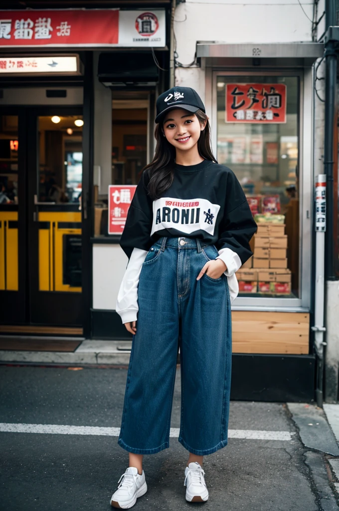 arafed woman standing in front of a tall tower with a smile, mid shot portrait, taken with canon eos 5 d mark iv, japanese streetwear, medium portrait, in front of ramen shop, outlive streetwear collection, portrait of a japanese teen, shot on sony a 7 iii, chiho, taken with canon 8 0 d, a young asian woman, 26 years