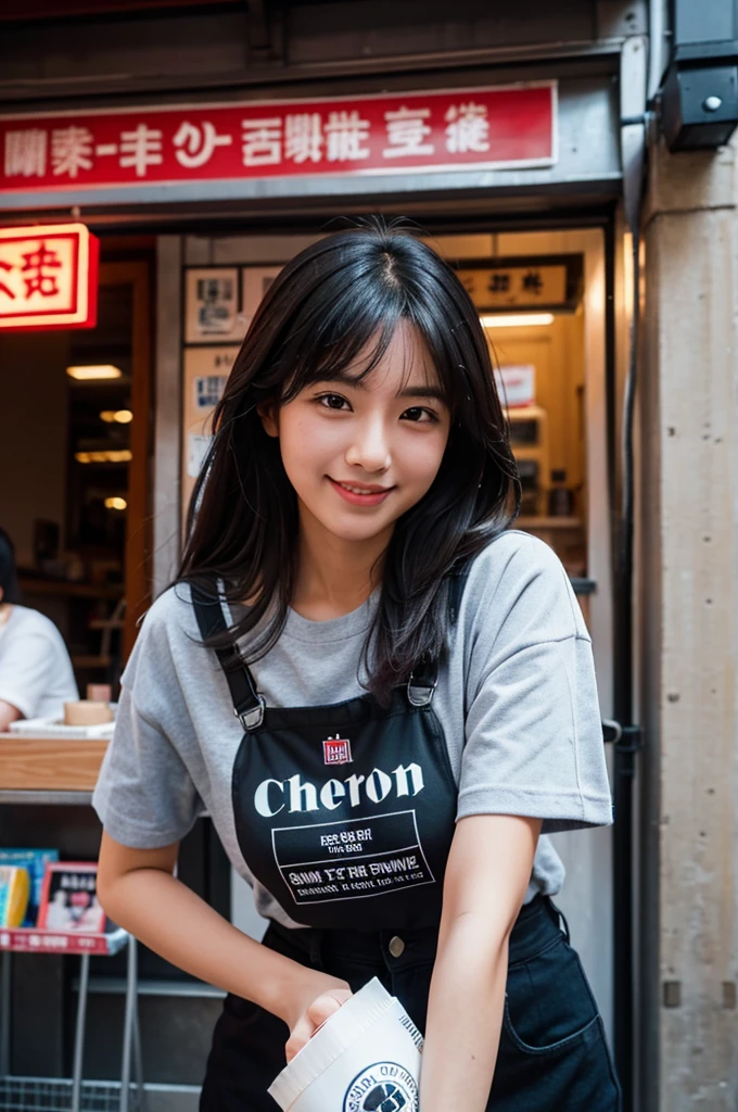 arafed woman standing in front of a tall tower with a smile, mid shot portrait, taken with canon eos 5 d mark iv, japanese streetwear, medium portrait, in front of ramen shop, outlive streetwear collection, portrait of a japanese teen, shot on sony a 7 iii, chiho, taken with canon 8 0 d, a young asian woman, 26 years