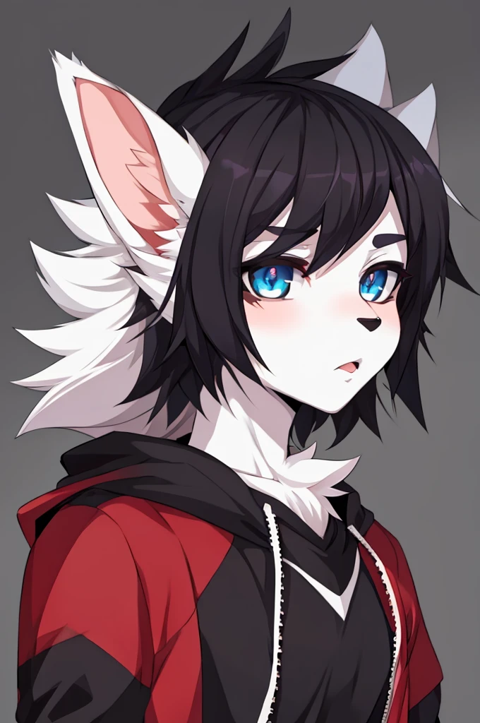 male,  adult, furry, anime, anthromorphic, bunny, emo, white fur, edgy, cute, beautiful, beautiful eyes, big lips, androgynous, cool big hair, bust portrait, stylized, y2k