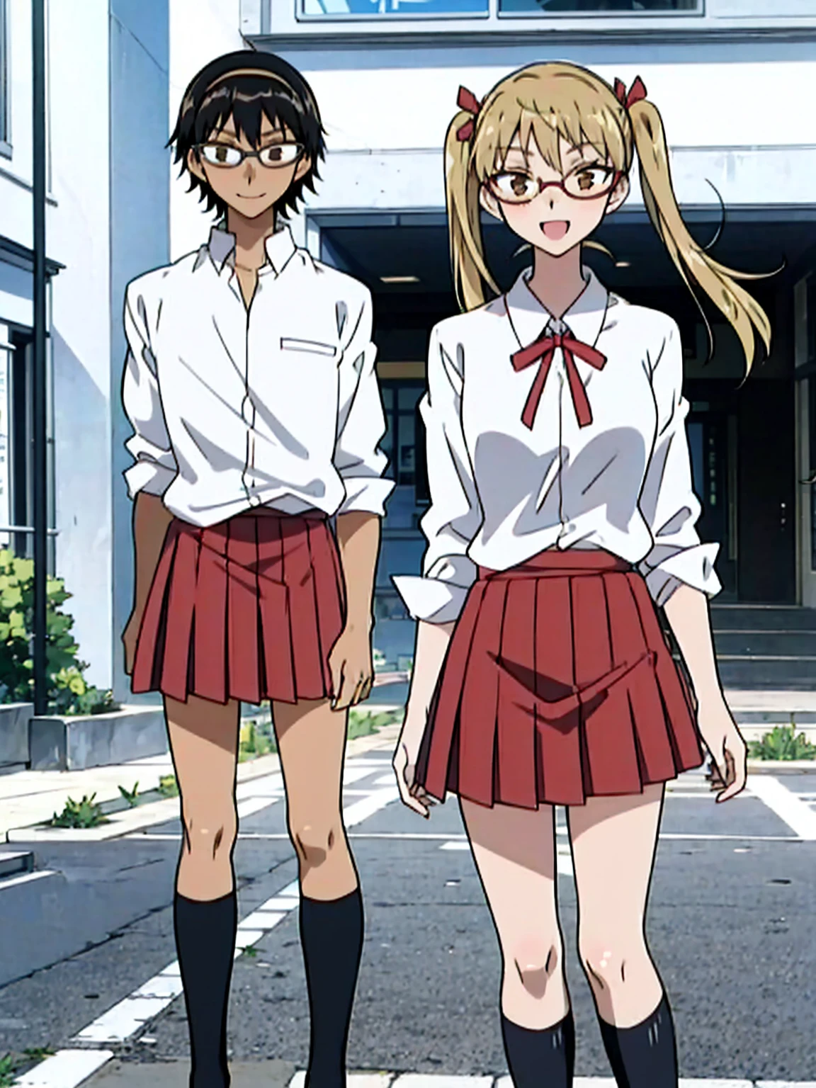 1 boy and 1 girl stand in the street,twintails,sawachika eri, brown eyes, hair ribbon,harimakenji, glasses, ,school uniform, red pleated skirt,eri,hairband, looking_at_viewer, serious, gakuran, white_shirt,smile,happy,two persons