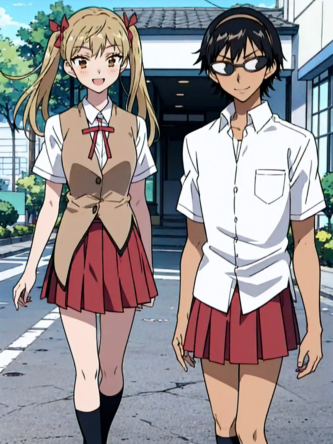 1 boy and 1 girl stand in the street,twintails,sawachika eri, brown eyes, hair ribbon,harimakenji, glasses, ,school uniform, red pleated skirt,eri,hairband, looking_at_viewer, serious, gakuran, white_shirt,smile,happy,two persons