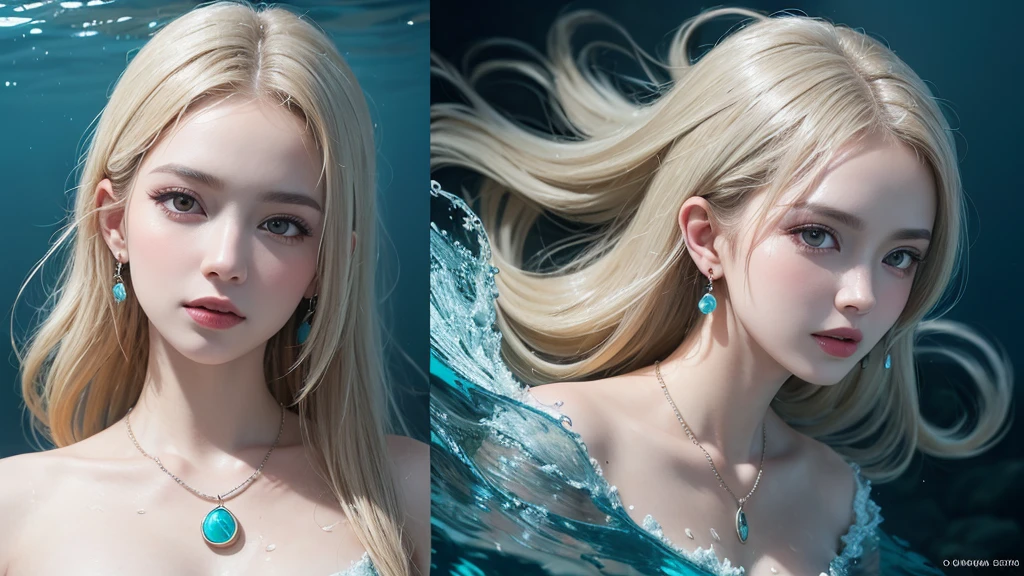 （Highest Quality Realistic Textured Skin),(terrible),(OK, round, Symmetrical eyes),Delicate facial features,(Burning bright cold eyes),(She has a mischievous smile),(Her face is kind and beautiful),Glass earrings in the ears,,(blonde),(Silvery white hair),(Chestnut Hair),(Swim at the bottom of the ocean)，(Full body portrait:1.5),(Dramatic Photos:1.4),(Dramatic Pose),(Flashy photos)(look up),(Looking down),(Around her neck is a simple necklace made with exquisite craftsmanship.),Cluttered photos，(Hair flowing in water:1.5),(Underwater, Life at sea, 美しいCoral Reef, fish),(Background vortices and currents),(Dramatic Light),(Nice views),(美しいfishに囲まれて),遠くの背景にはCoral Reefに沈んだ寺院が見える,Coral Reef,Spectacular realism,Cinematic atmosphere,(High-density image review:1.5),(Soft colors:1.2),Very detailed,Dramatic Light,(Intricate details:1.1),Complex background,