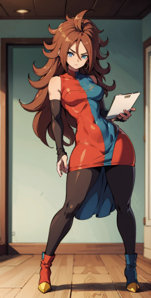 android 21, pose lateral, She is sideways to the spectator, sideways to camera, long brown hair, blue colored eyes, plaid dress, pantyhose, looking to the side, pose lateral, standing, ele está standing, serious, legs spread open, livingroom, light bulb, high qualiy, work of art, legs thick, big-ass, body healed,