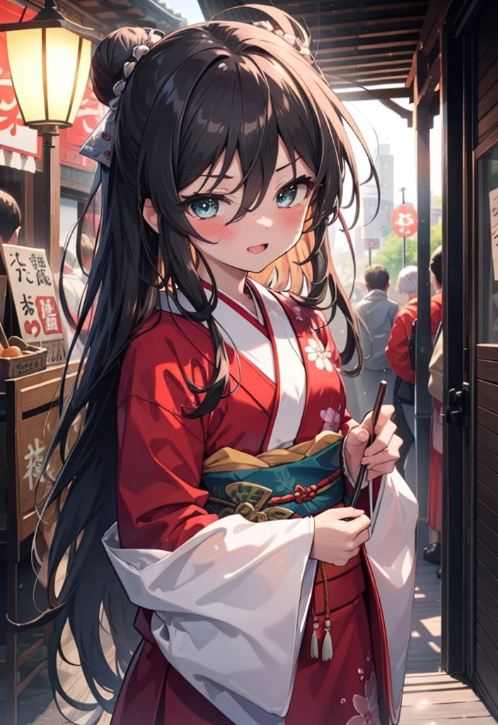 Shana,灼眼のShana,Long Hair, Redhead, Red eyes,Ahoge,smile,blush,Open your mouth,Hair Bun, single Hair Bun,blush,Red Kimono,Thick sleeves,Red long skirt,日本のfestival,夏festivalの屋台,Red lantern,　　　　　　　　　　　break looking at viewer, Upper Body,  　　　　　　　break outdoors, shrine,festival, 　　　　　　　　　　　　　break (masterpiece:1.2), Highest quality, High resolution, unity 8k wallpaper, (shape:0.8), (Beautiful and beautiful eyes:1.6), Highly detailed face, Perfect lighting, Highly detailed CG, (Perfect hands, Perfect ???????),