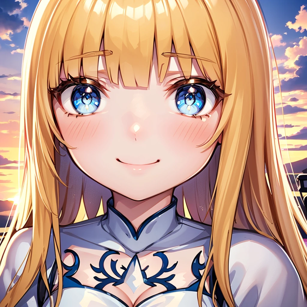 Best picture quality, 4k, Masterpiece, young girl, white historical coat, Greece, High quality, Highly detailed, HD, 4k, anime style, best quality, high resolution, unity wallpaper 8k, illustration, perfect light, Very detailed CG, Beautifully detailed eyes, Very detailed face, delicate facial features, 1 girl, Calcutta, blonde hair, My hair is very long., white crown, The crown on her head, white dress, blue eyes, Medium bust, holy kingdom background, white castle, White fence, dignified posture, Whitening & gentle skin, young, Smiling happily at the audience, cute feeling, Blush, Excellent posture, Orange sky and white clouds, sunset, White Roses, upper body,