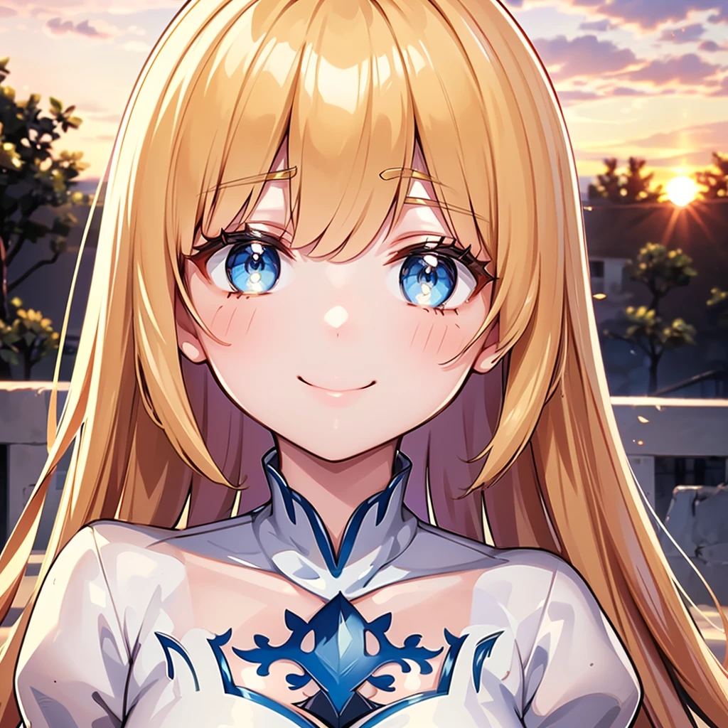 Best picture quality, 4k, Masterpiece, young girl, white historical coat, Greece, High quality, Highly detailed, HD, 4k, anime style, best quality, high resolution, unity wallpaper 8k, illustration, perfect light, Very detailed CG, Beautifully detailed eyes, Very detailed face, delicate facial features, 1 girl, Calcutta, blonde hair, My hair is very long., white crown, The crown on her head, white dress, blue eyes, Medium bust, holy kingdom background, white castle, White fence, dignified posture, Whitening & gentle skin, young, Smiling happily at the audience, cute feeling, Blush, Excellent posture, Orange sky and white clouds, sunset, White Roses, upper body,