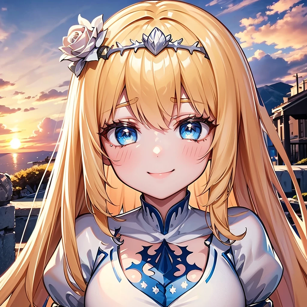 Best picture quality, 4k, Masterpiece, young girl, white historical coat, Greece, High quality, Highly detailed, HD, 4k, anime style, best quality, high resolution, unity wallpaper 8k, illustration, perfect light, Very detailed CG, Beautifully detailed eyes, Very detailed face, delicate facial features, 1 girl, Calcutta, blonde hair, My hair is very long., white crown, The crown on her head, white dress, blue eyes, Medium bust, holy kingdom background, white castle, White fence, dignified posture, Whitening & gentle skin, young, Smiling happily at the audience, cute feeling, Blush, Excellent posture, Orange sky and white clouds, sunset, White Roses, upper body,