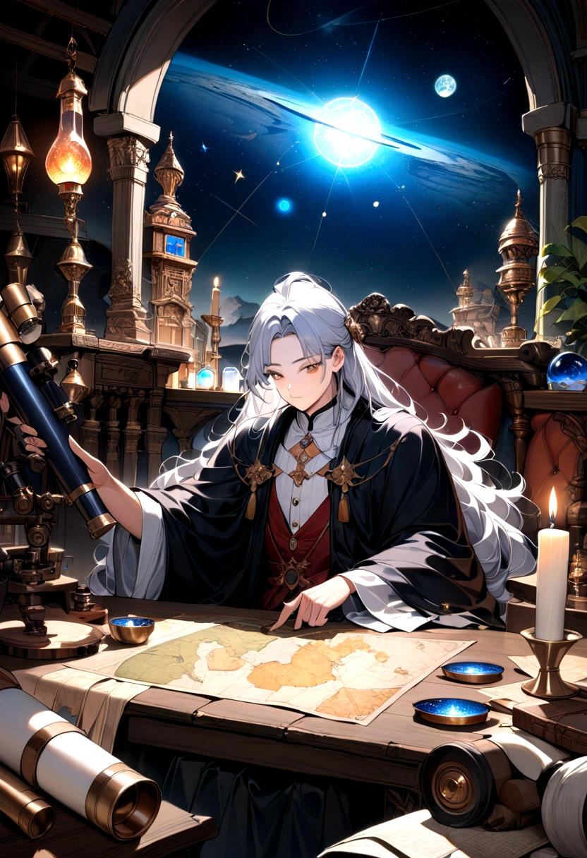 1boy, Astrologer, MAGIC: Ancient WIZARD reading a Map of the Constellations, telescope, candles, on a table, Epic cinematic brilliant stunning intricate meticulously detailed dramatic atmospheric maximalist digital matte painting, masterpiece, best quality, very aesthetic, absurdres