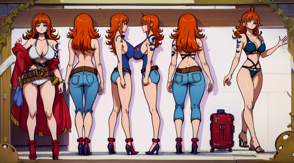 ((Best Quality)), ((Masterpiece)), (((detailed character sheet, frontal view, side view, three quarter view))) white background、one piece、US、whole body、whole bodyイラスト、whole bodyアニメーション、whole bodyリファレンスシート、denim、Tank top、High heels、Swimwear、bikini、original、New World、Long Hair、Orange Hair、Tattoo on left arm、Ring belt、Heighten your head、smile、Cute face、Big Breasts、Narrow waist、Long legs、Beautiful feet