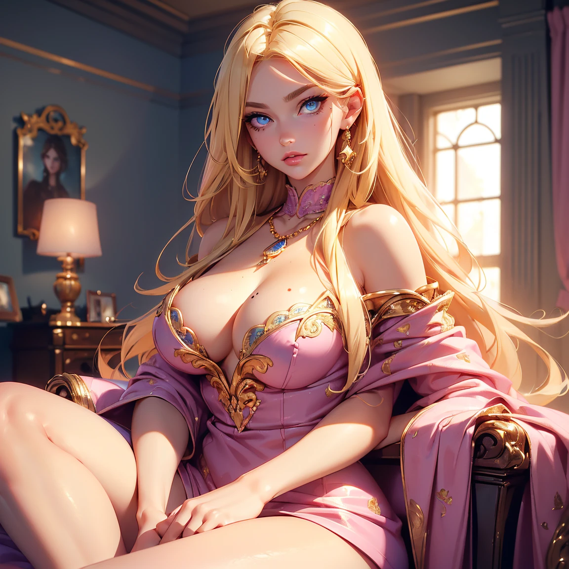 (((Blonde stunning hair))), (blue eyes), blue necklace, Golden earrings, Fit, Gorgeous Body, gorgeous, brown eyebrows, (two moles over lip), big pupils, (23 years old), complex skin, warm light, (large breasts), 5 fingers, ((detailed face, best quality)), ((masterpiece)), ((ultra-detailed)), (beautiful detailed eyes), red lip, eyeshadow, beautiful face, long hair, very detailed eyes, intricate details in eyes, perfect lips, good lighting, ((hot outfit)), long hair, detailed face, mean smirk, evil face, big plump breasts, ((in a pink bedroom)), ((masterpiece: 1.4, full body, sitting playing video games)),