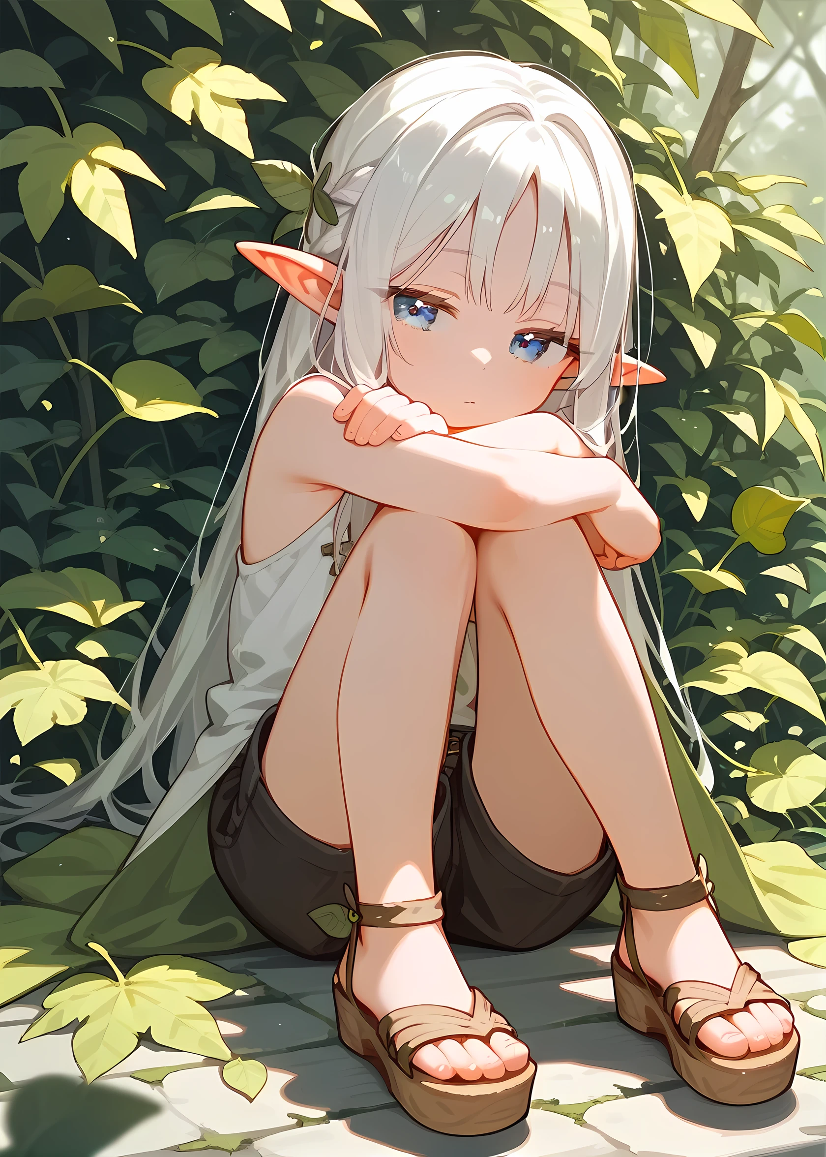 score 9, score 8 up, score 7 up, , young girl, Leaves, detailed background,
White hair, blue eyes, half-closed eyes, emotionless, cute sandals, dark shorts, elf ears