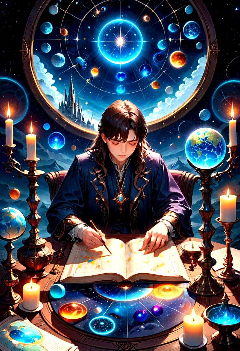 1boy, Astrologer, MAGIC: Ancient WIZARD reading a Map of the Constellations, telescope, candles, on a table, Epic cinematic brilliant stunning intricate meticulously detailed dramatic atmospheric maximalist digital matte painting, masterpiece, best quality, very aesthetic, absurdres