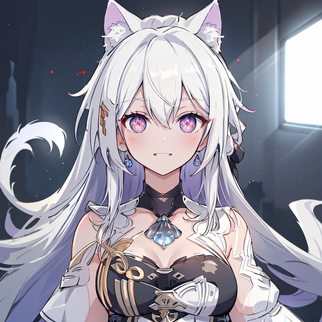 ultra detailed, sharp focus, best quality, masterpiece, colorful, 1girl, shadow, red glowing eyes, grin, cat face, :3, close-up, volumetric lighting, high contrast, dimly lit, White hair,  thin dress.