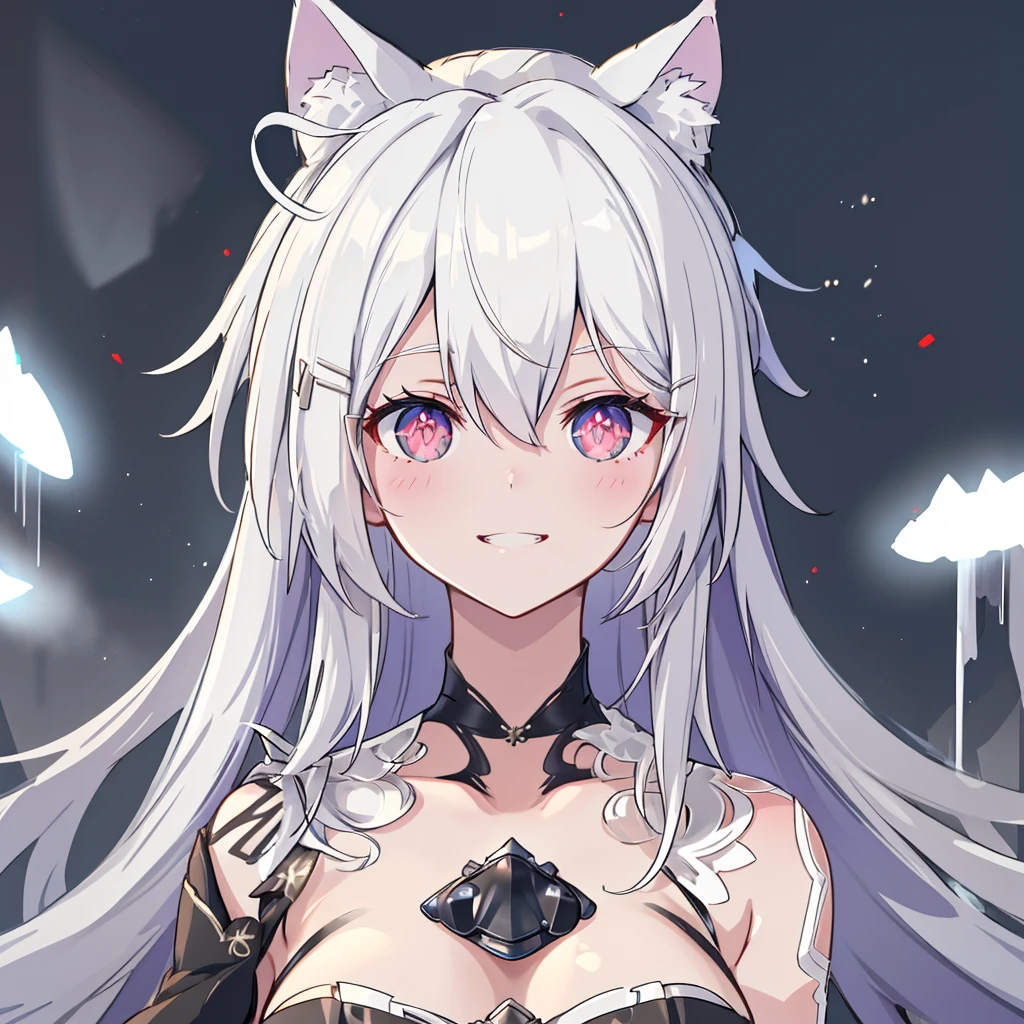 ultra detailed, sharp focus, best quality, masterpiece, colorful, 1girl, shadow, red glowing eyes, grin, cat face, :3, close-up, volumetric lighting, high contrast, dimly lit, White hair,  thin dress.