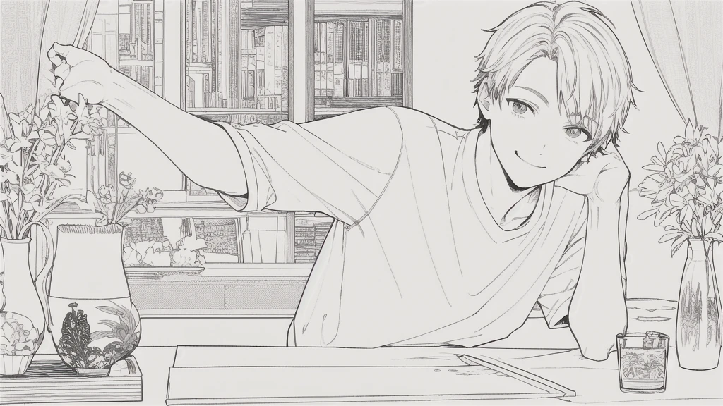 masterpiece, best quality, 1boy, solo, short_hair, looking_at_viewer, smile, shirt, lineart, monochrome,