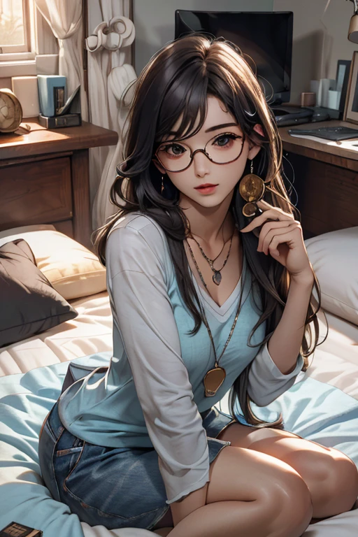 Highest quality、masterpiece、High sensitivity、High resolution、Detailed Description、Slender women、Slim Body、Glasses、Casual clothes、On a pipe bed、