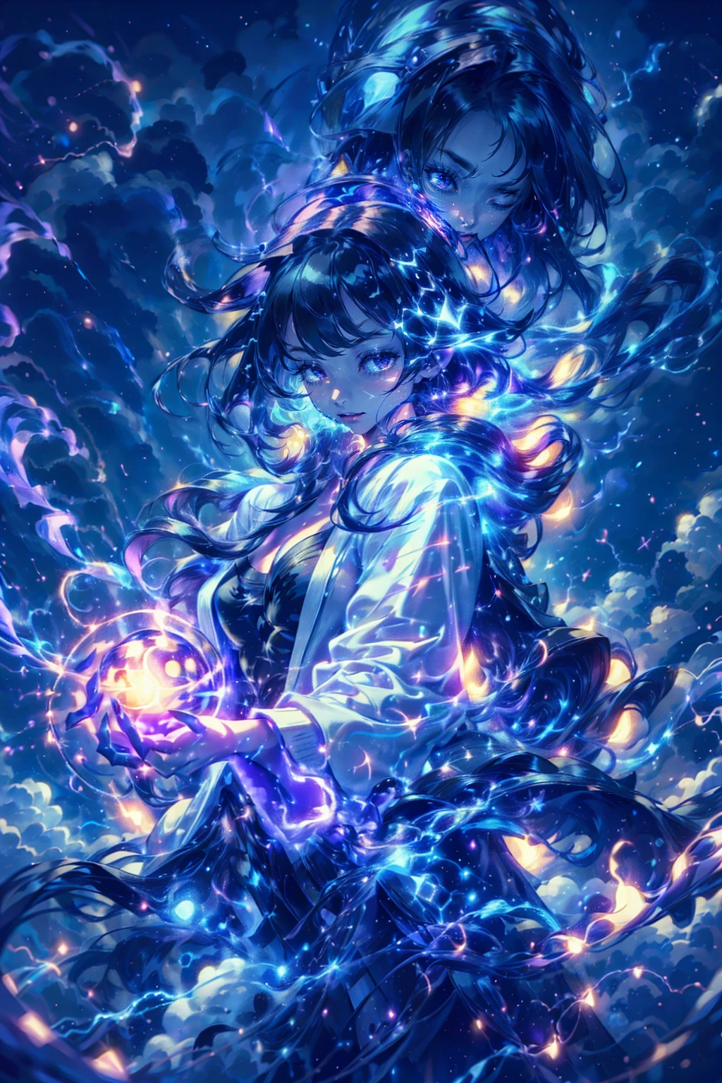 1girl,solo,cute,wizard,white robe,cleavage,hold a thunderball,thunderball on each hands,around thunder aura,perfect hands,perfect finger,thundermagic,glowing aura,yellow and purple, lightning